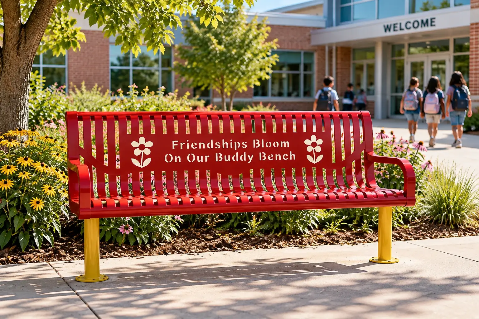 Red buddy bench outside a school designed to encourage friendship, inclusion, and positive student interaction
